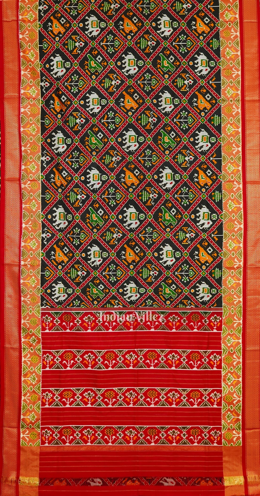 Black With White Elephant Design Silk Handloom Pochampally Ikat Saree