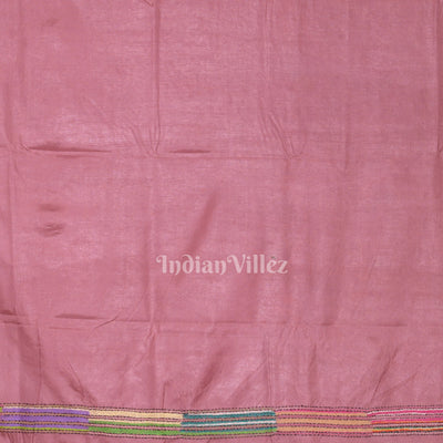 Peach Pink Handwoven Kantha Stitch Silk Saree