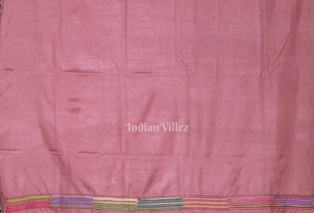 Peach Pink Handwoven Kantha Stitch Silk Saree