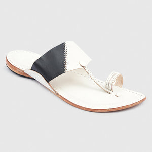Black and White Handstitched Leather Kolhapuri Men Slipper