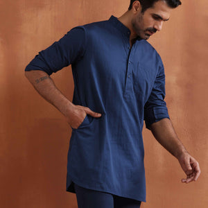 trueBrowns Men's Blue Cotton Short Kurta