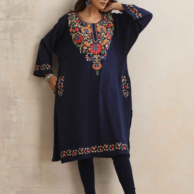 trueBrowns Blue Kashmiri Floral Embroidered Woollen Phiran Kurta