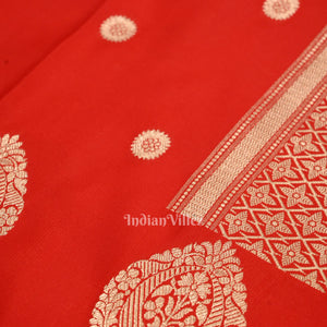Deep Red Floral Motif Mashru Satin Silk Banarasi Saree