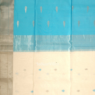 White Surf Blue Pure Silk Cotton Maheshwari Saree