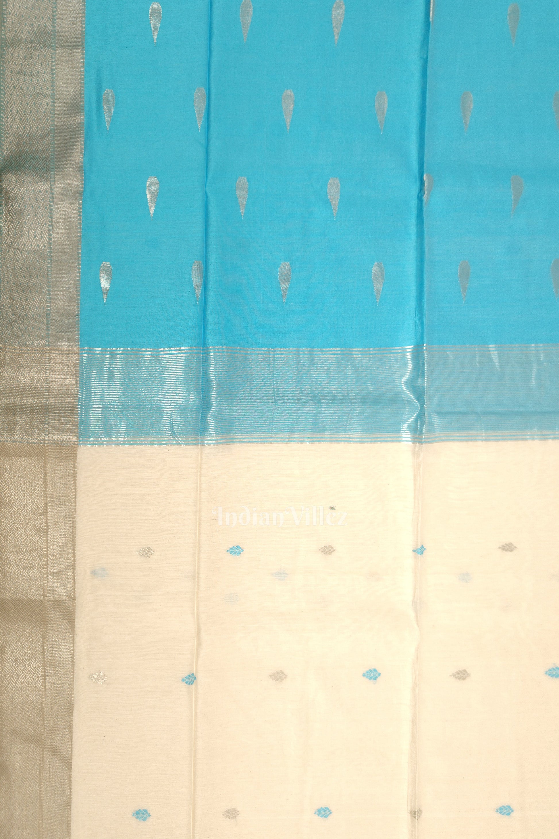 White Surf Blue Pure Silk Cotton Maheshwari Saree
