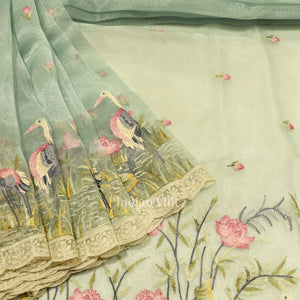 Light Blue Floral Theme Kora Organza Banarasi Saree