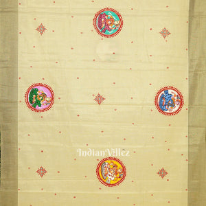 Cream Kerala Tissue Marriage Theme Hand-Painted Pattachitra Saree
