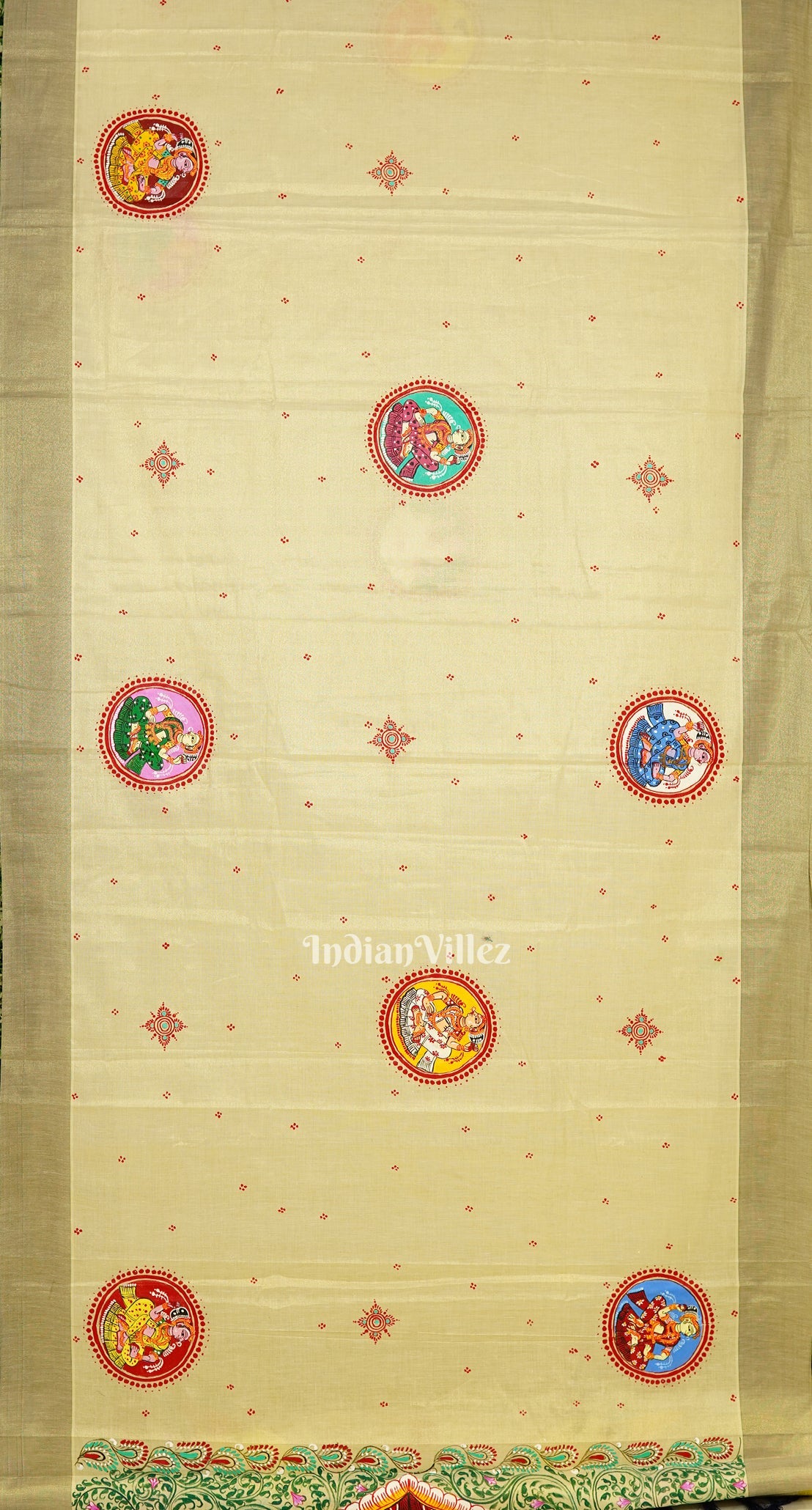 Cream Kerala Tissue Marriage Theme Hand-Painted Pattachitra Saree