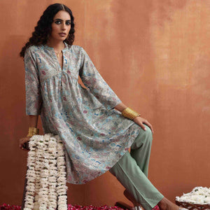 trueBrowns Green Print Flared Kurta Co-ord Set
