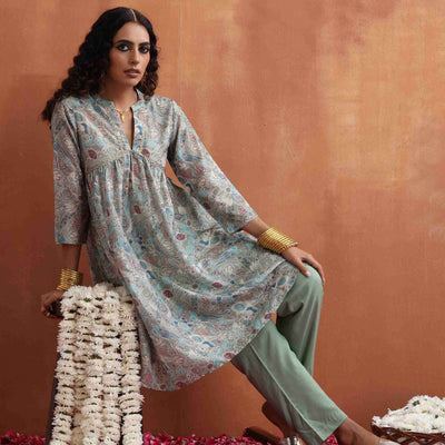 trueBrowns Green Print Flared Kurta Co-ord Set