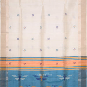 White Sky Blue Pure Bishnupuri Silk Saree