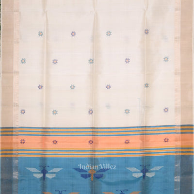 White Sky Blue Pure Bishnupuri Silk Saree
