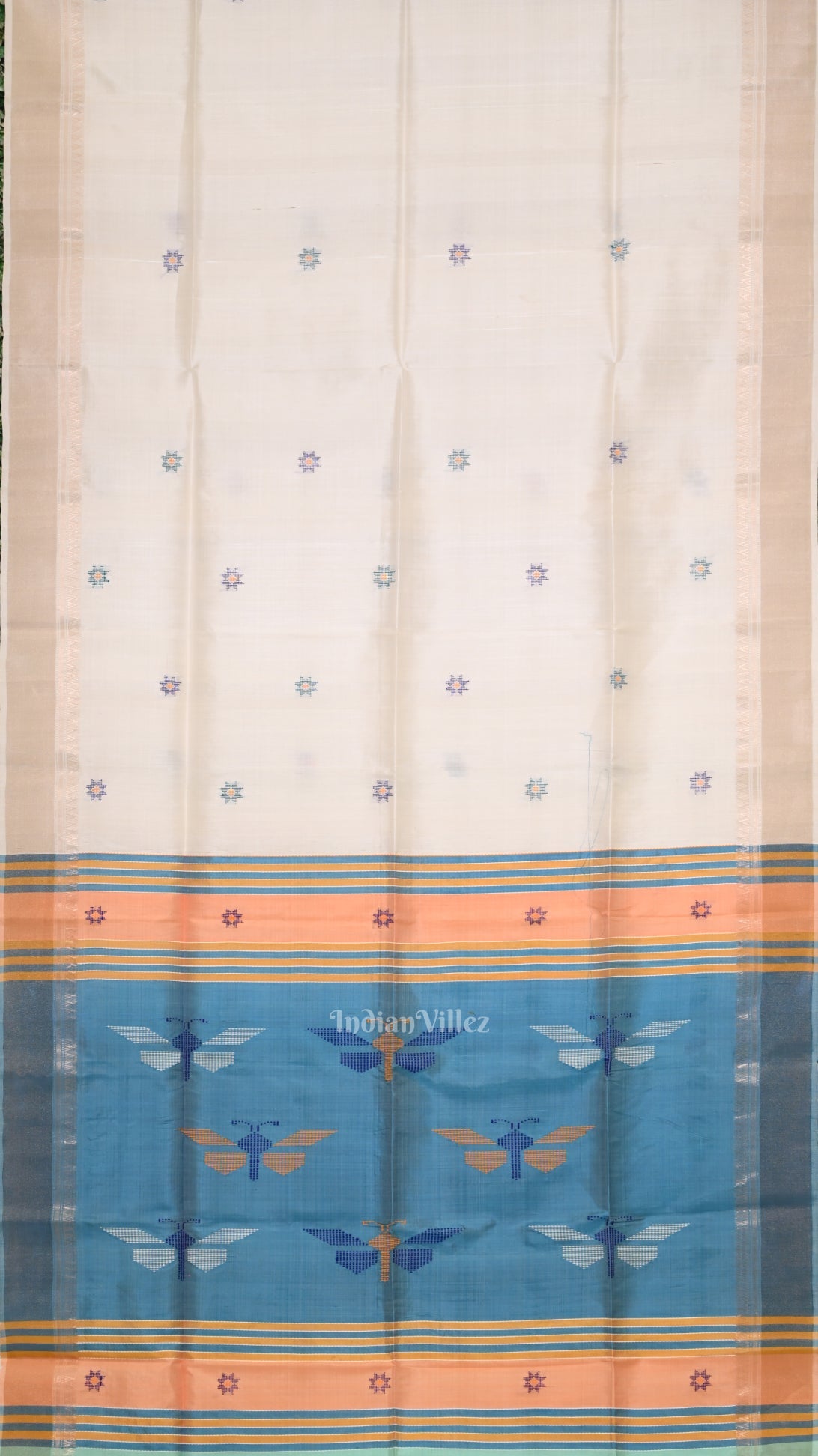 White Sky Blue Pure Bishnupuri Silk Saree