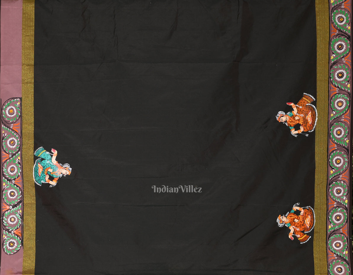 Black Dual Tone Radha Krishna Hand-Painted Pattachitra Saree
