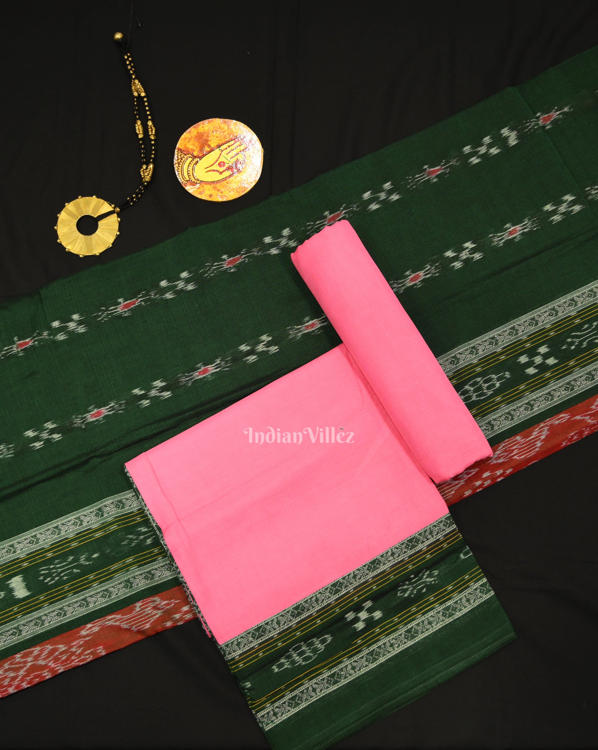 Green Pink Pasapali Sambalpuri Cotton Dress set with Dupatta