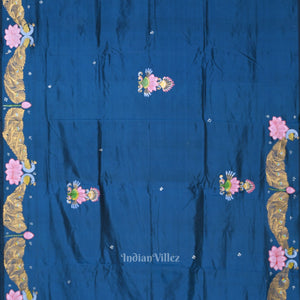 Blue Krishna Boita Theme Hand-Painted Pattachitra Saree