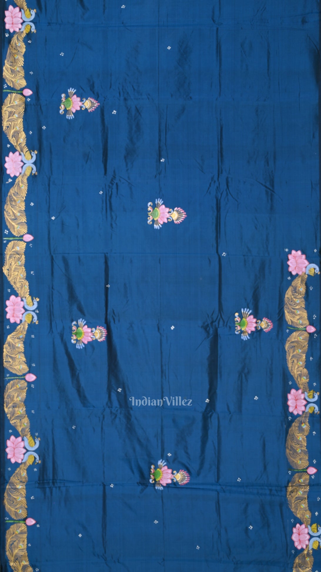 Blue Krishna Boita Theme Hand-Painted Pattachitra Saree