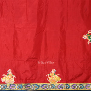 Blue Red Radha Krishna Peacock Design Hand-Painted Pattachitra Saree