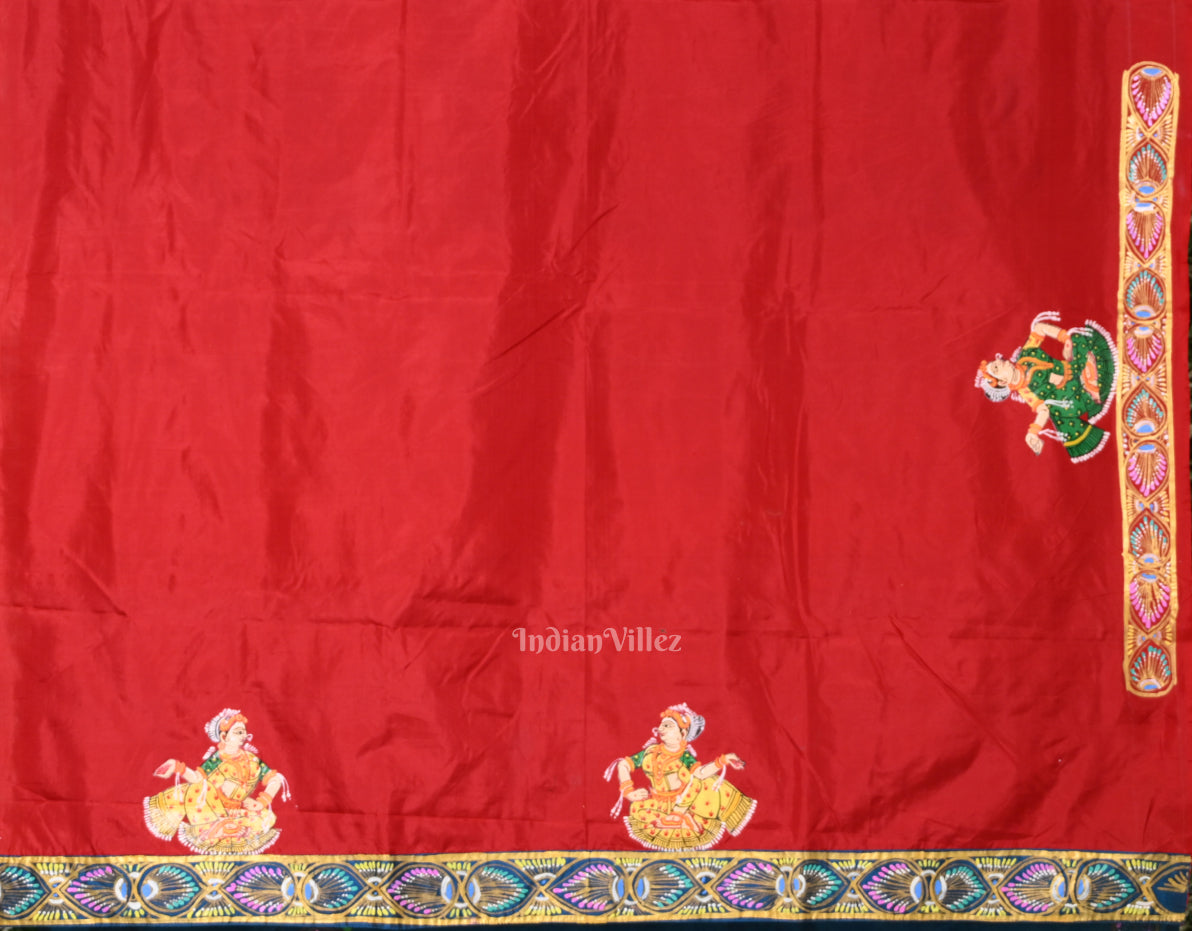 Blue Red Radha Krishna Peacock Design Hand-Painted Pattachitra Saree