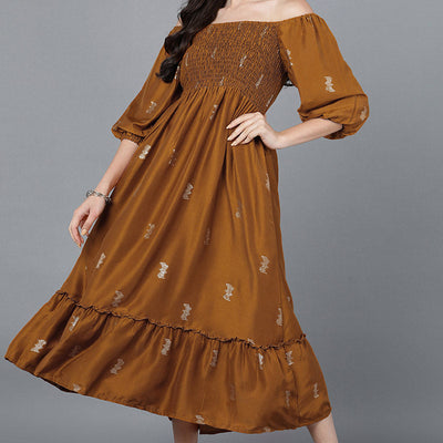 Brown Poly Silk Embellished Midi Dress VD1278