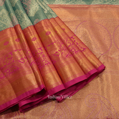 Mint Green With Pink Pure Kanjivaram Tissue Silk Saree