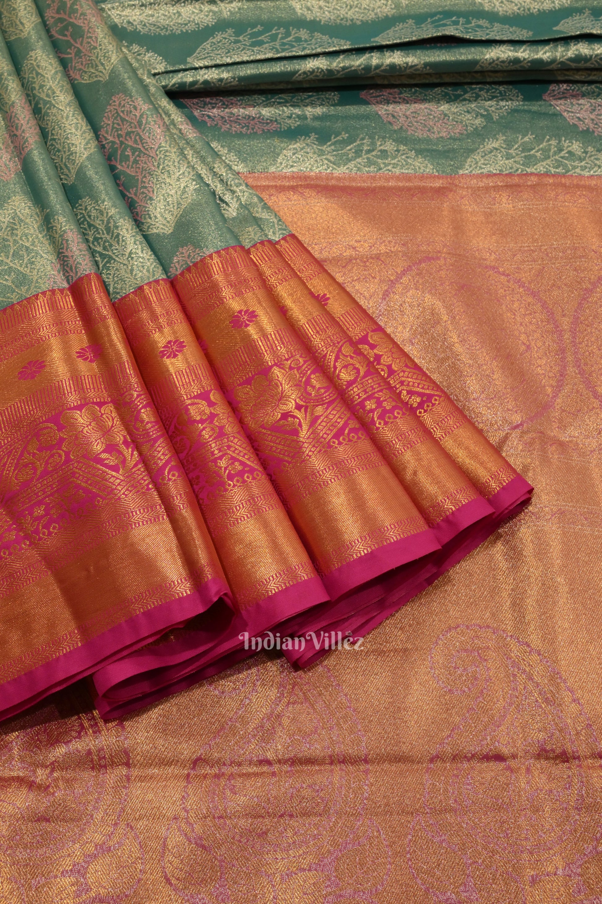 Mint Green With Pink Pure Kanjivaram Tissue Silk Saree