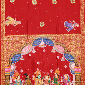 Red  Seeta Vivah  Hand-Painted Pattachitra Saree