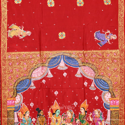 Red  Seeta Vivah  Hand-Painted Pattachitra Saree
