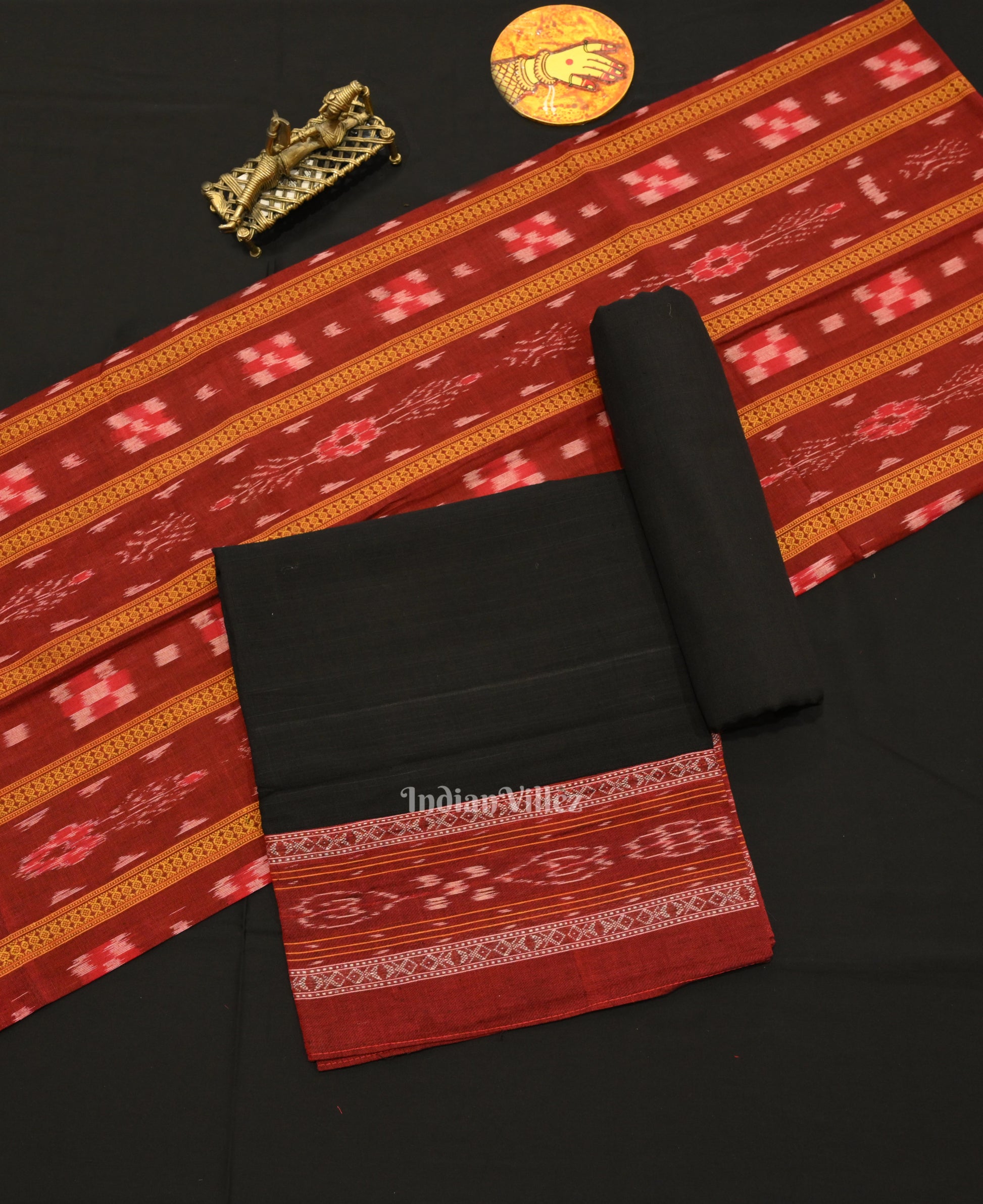 Red Pure Cotton Sambalpuri Dress Material & Dupatta