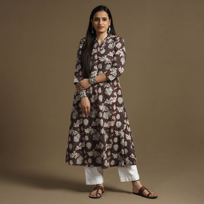Brown - Bagru Hand Block Printed Cotton A-Line Long Kurta
