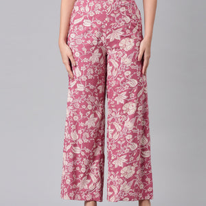 Women Medium Pink Viscose Mid Rise Printed Palazzo