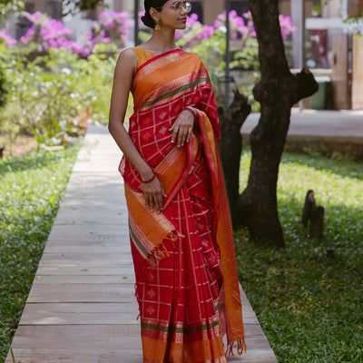 Red Handloom Silk Cotton Saree With Kolam Motifs in Checks