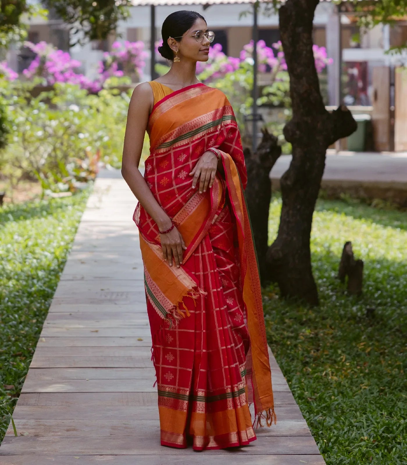 Red Handloom Silk Cotton Saree With Kolam Motifs in Checks