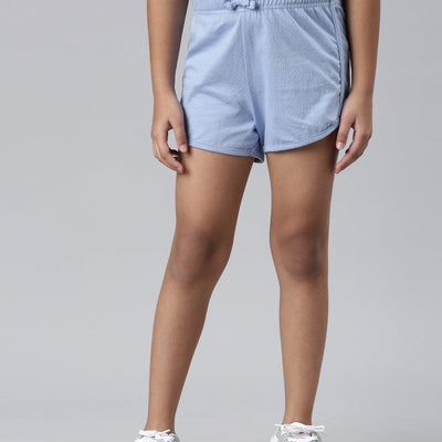 Girls Solid Baby Blue Mid Rise Knit Shorts