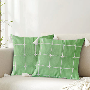 Embroidered Cotton Cushion Cover, for Sofa, Bedroom, Living Room - Set of 2 - Aura Checks Green