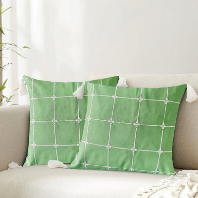 Embroidered Cotton Cushion Cover, for Sofa, Bedroom, Living Room - Set of 2 - Aura Checks Green