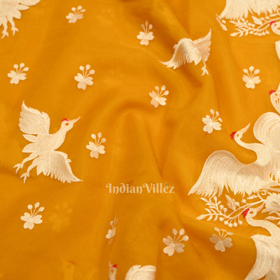 Mustard Yellow Parsi Gara Floral Motif Hand Embroidered Saree