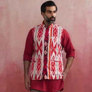 trueBrowns Men's Maroon Ikat Reversible  Nehru Jacket