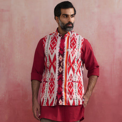 trueBrowns Men's Maroon Ikat Reversible  Nehru Jacket