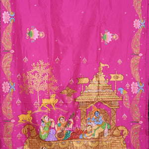 Pink Krishna Boita Theme Hand-Painted Pattachitra Saree