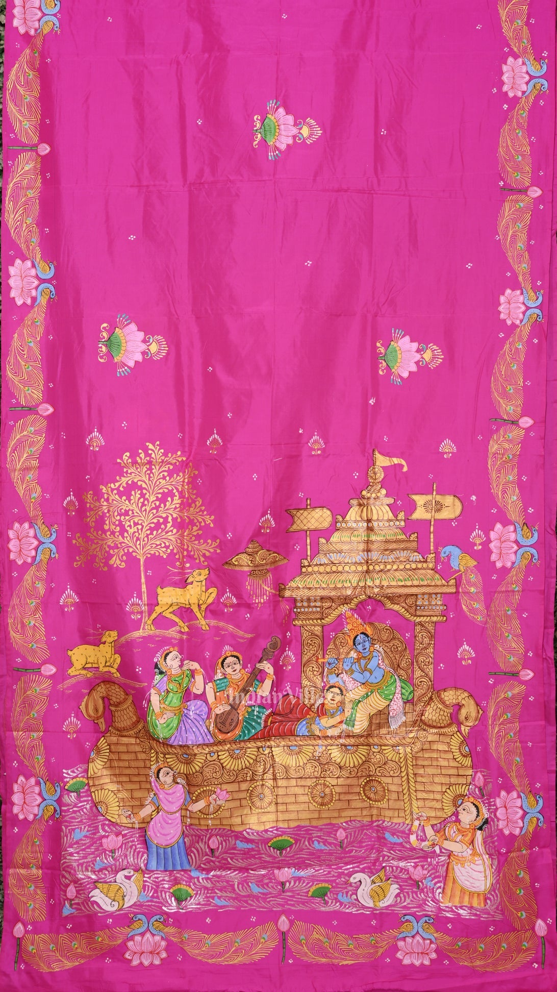 Pink Krishna Boita Theme Hand-Painted Pattachitra Saree