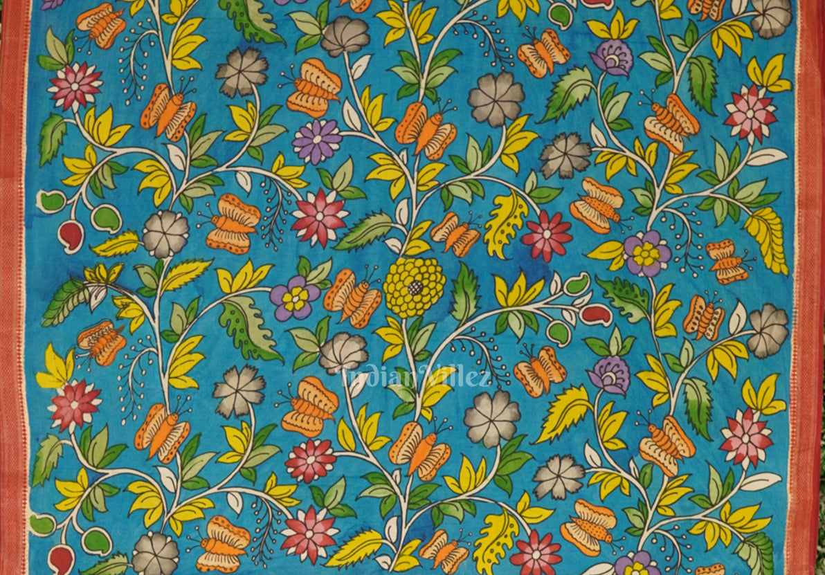 Orange Lotus Fish Hand-Painted Natural Dye Cotton Kalamkari Saree