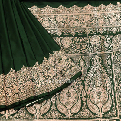 Bottle Green  Pure  Soft Mashru Satin Silk Banarasi Saree