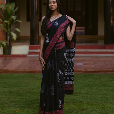 Black Jaipur Cotton Saree With Printed Mango Motifs