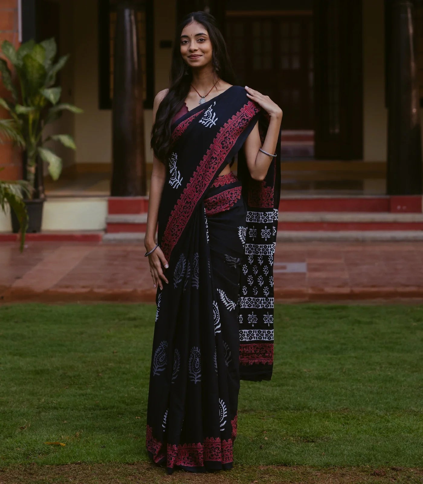 Black Jaipur Cotton Saree With Printed Mango Motifs