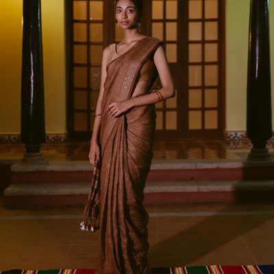 Brown Handloom Linen Saree With Striped Pallu