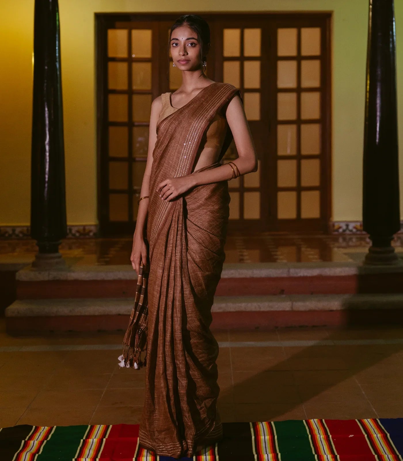 Brown Handloom Linen Saree With Striped Pallu