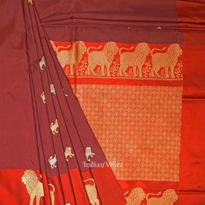 Maroon Red Lion Motif Designer Katan Banarasi Silk Saree