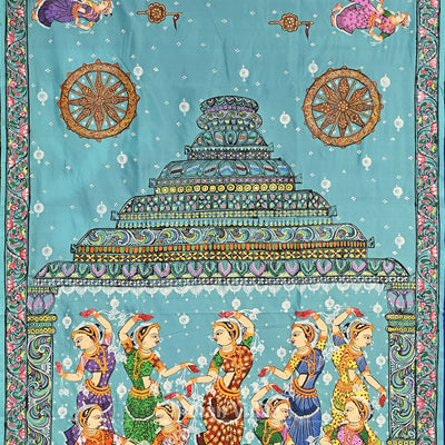 Copper Sulphate Nartaki Konark Temple Hand-Painted Pattachitra Saree