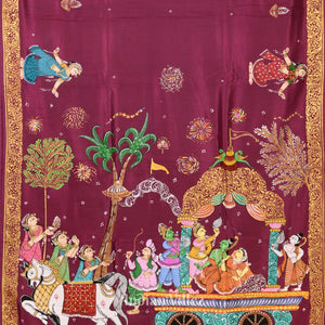 Wine Color Mathura Vijay Theme Hand-Painted Pattachitra Saree